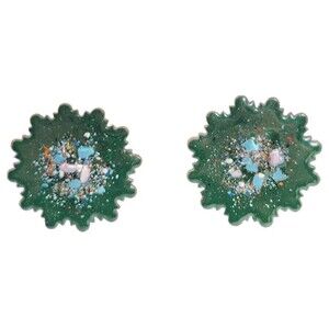1950s Copper Enamel Clip On Earrings Retro Starburst Geometric Shape Glass Frit